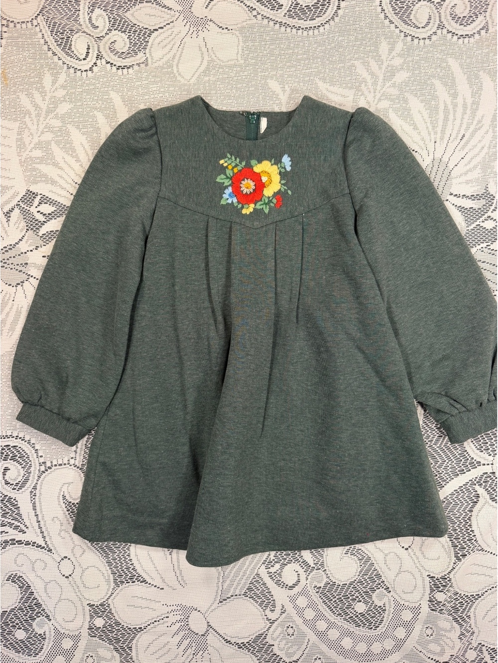 Vintage 70s Girls Green Floral Embroidered Puff Sleeve Dress 3T 4T